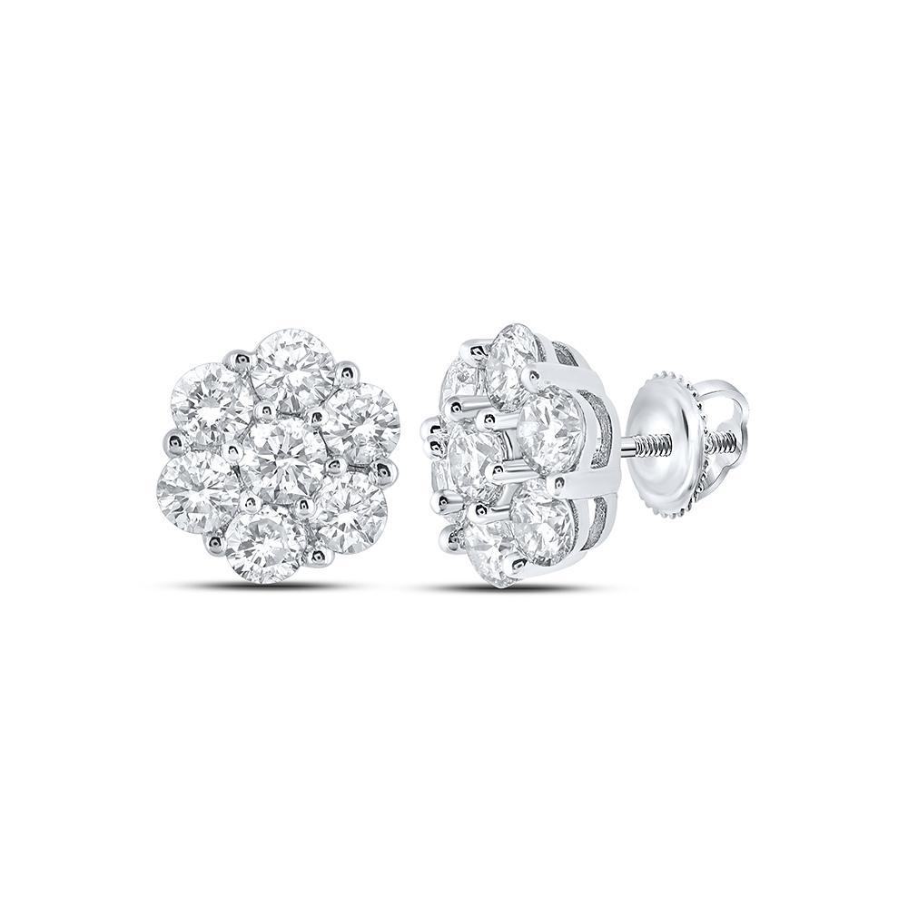 14kt White Gold Mens Round Diamond Flower Cluster Earrings 7/8 Cttw