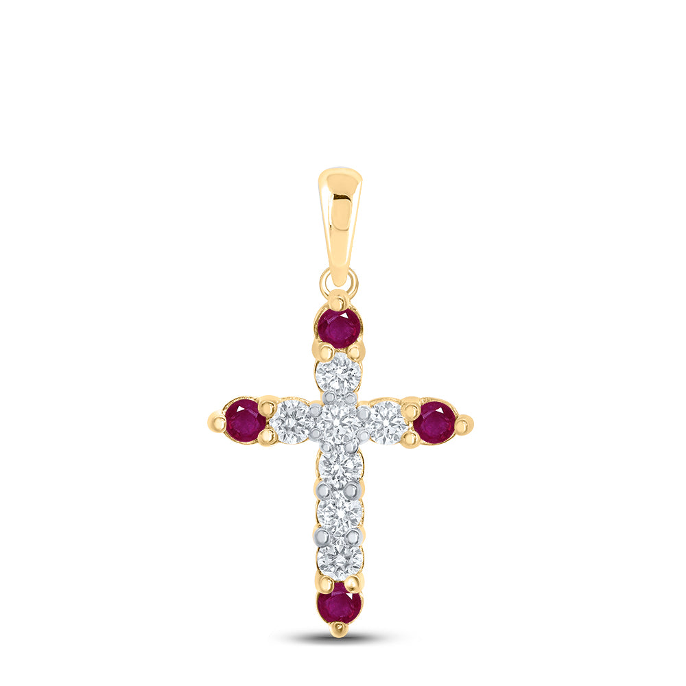 10kt Yellow Gold Womens Round Ruby Diamond Cross Pendant 1/4 Cttw