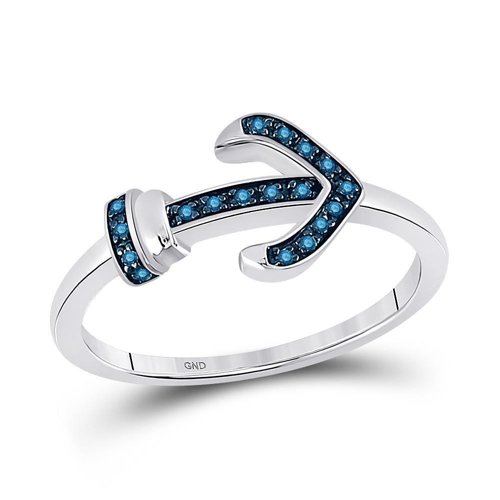 Sterling Silver Womens Round Blue Color Enhanced Diamond Anchor Ring 1 20 Cttw