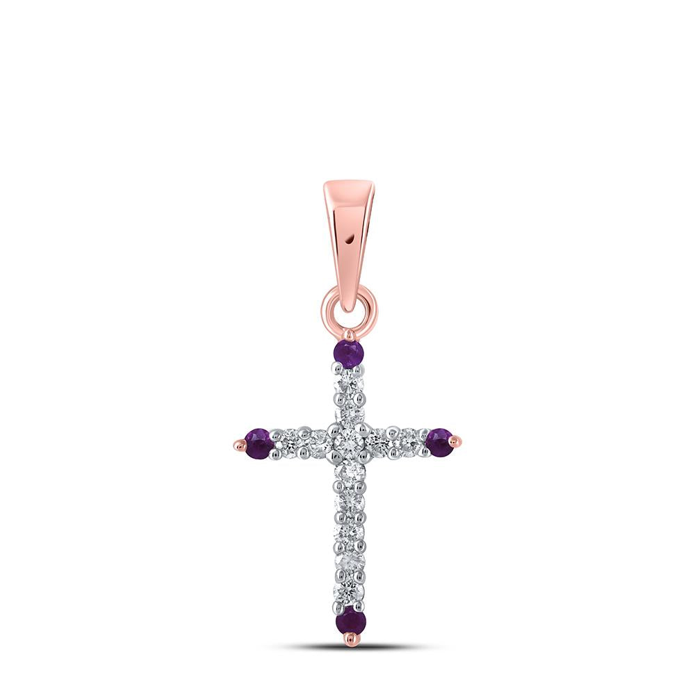 10kt Rose Gold Womens Round Ruby Diamond Cross Pendant 1/5 Cttw