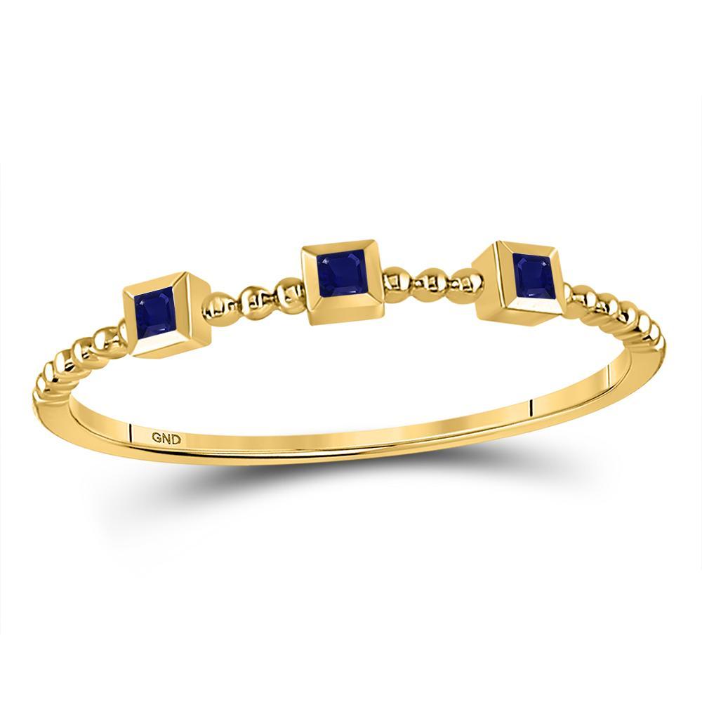 10kt Yellow Gold Womens Princess Blue Sapphire 3-Stone Beaded Stackable Band Ring 1/20 Cttw