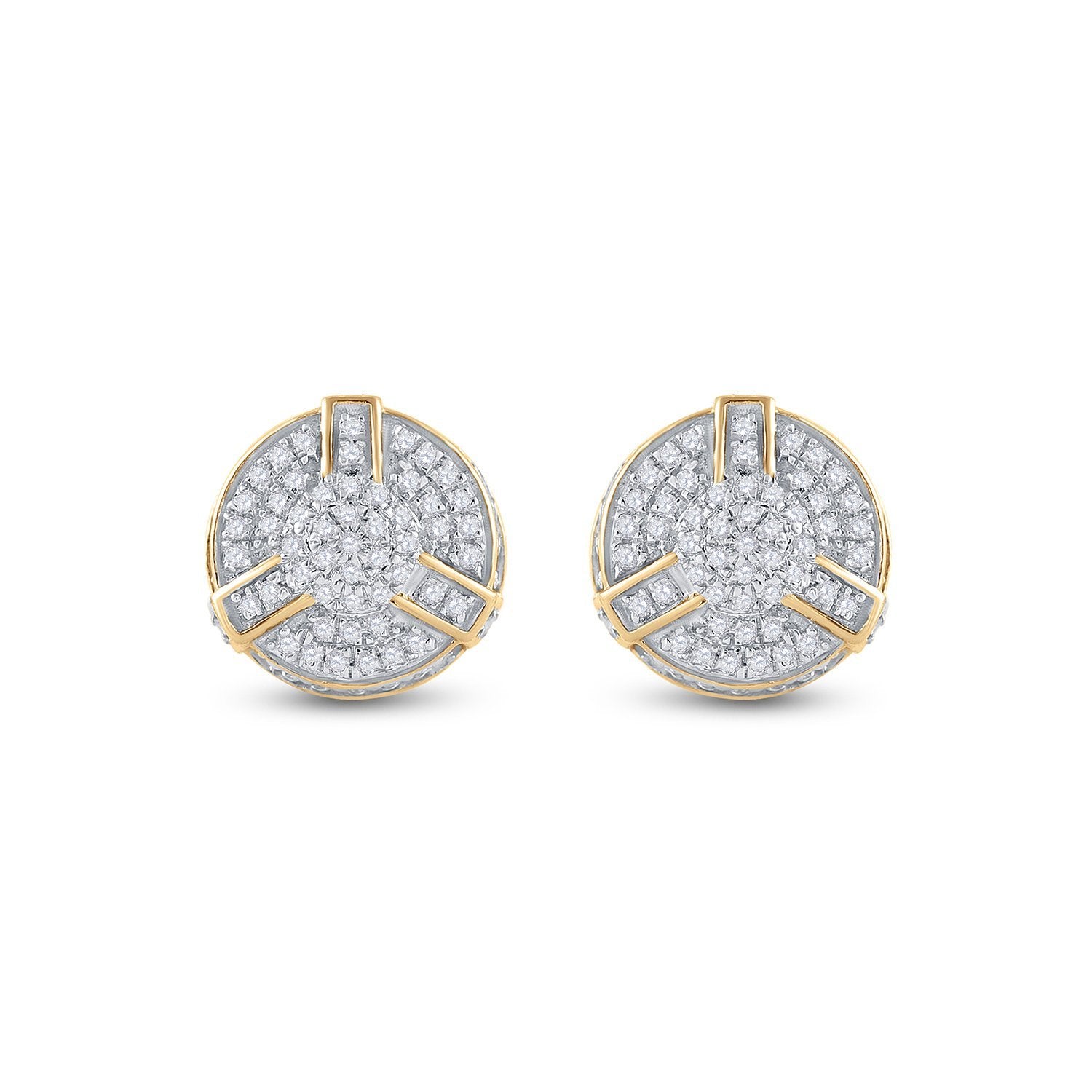 Yellow-tone Sterling Silver Mens Round Diamond 3D Disk Circle Earrings 1/4 Cttw