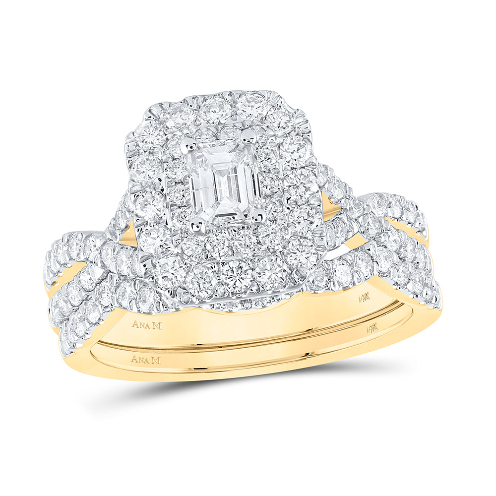 14kt Yellow Gold Emerald Diamond Halo Bridal Wedding Ring Band Set 1-1/2 Cttw