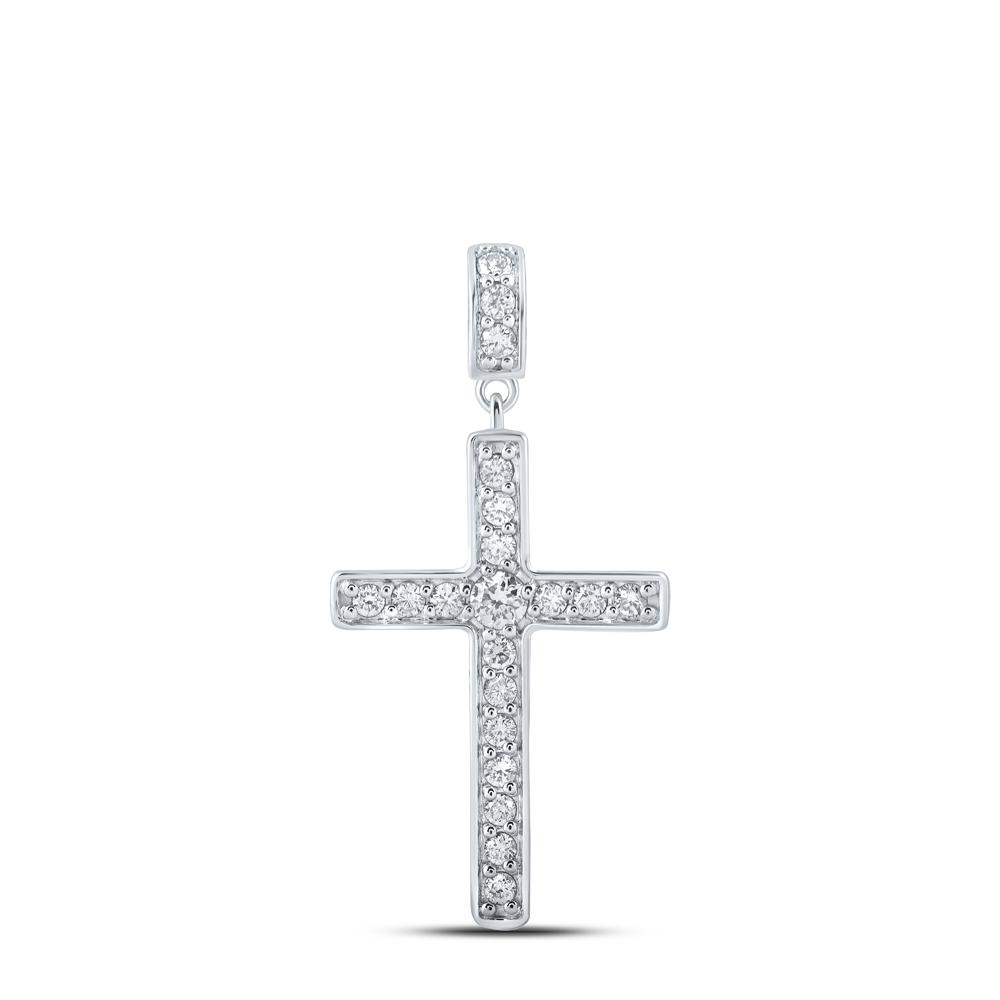 10kt White Gold Womens Round Diamond Cross Pendant 1/2 Cttw