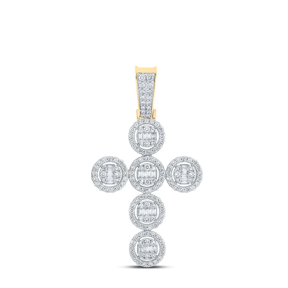10kt Yellow Gold Mens Baguette Diamond Cross Charm Pendant 1-5/8 Cttw