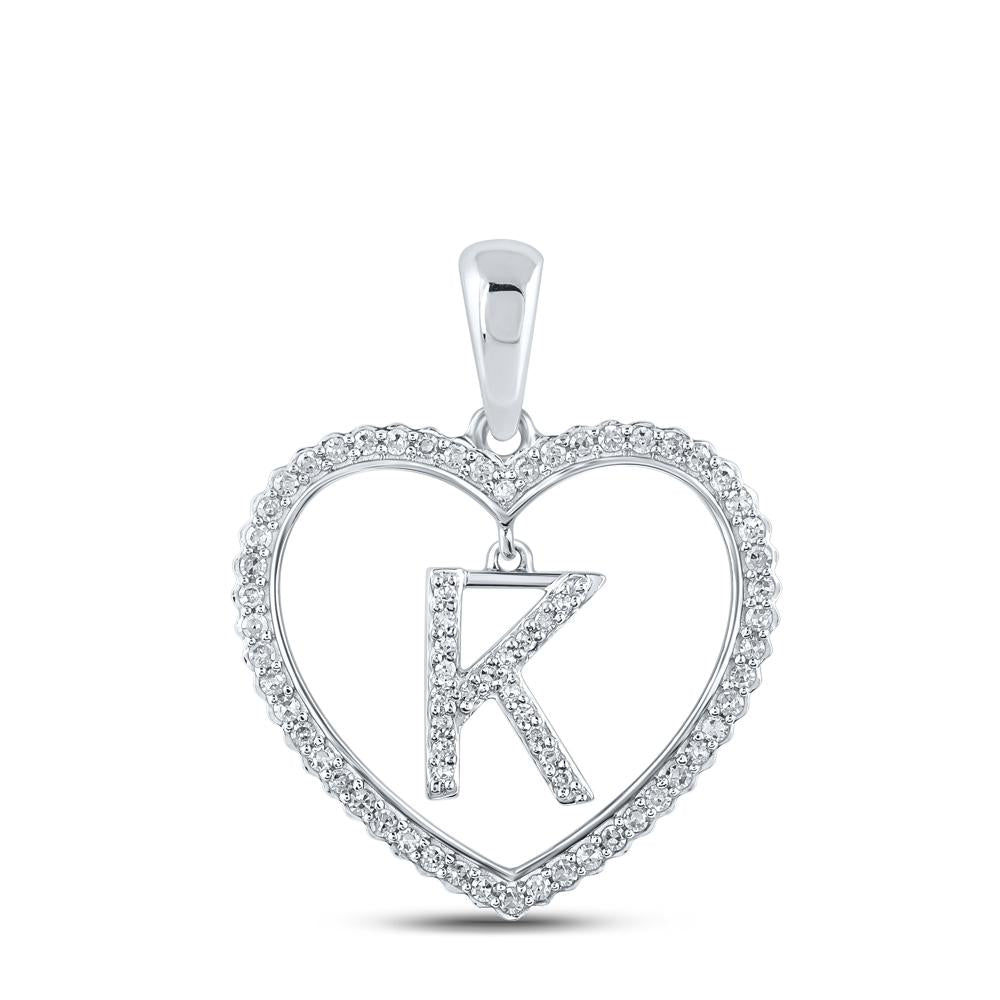 10kt White Gold Womens Round Diamond Heart K Letter Pendant 1/4 Cttw