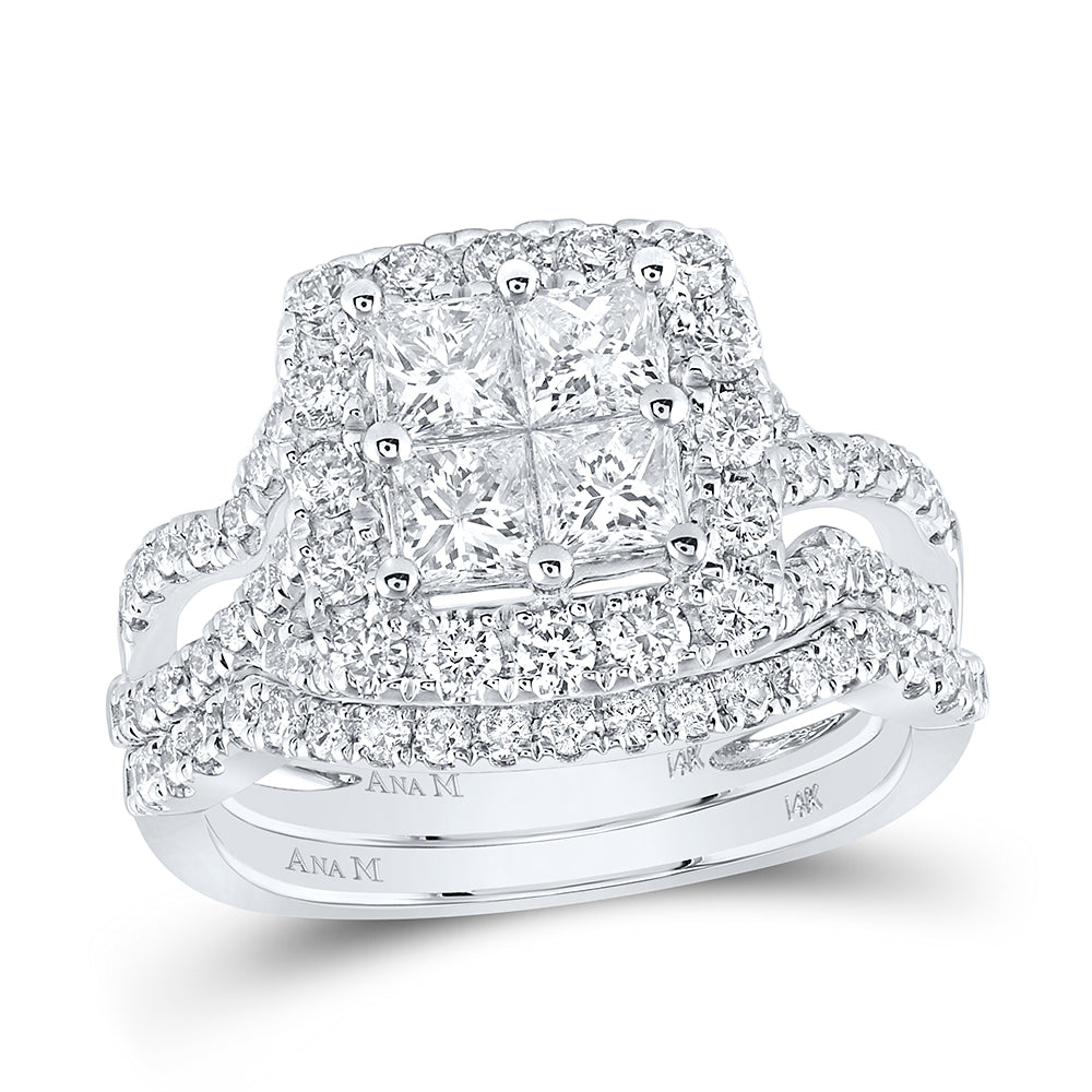 14kt White Gold Princess Diamond Square Bridal Wedding Ring Band Set 2 Cttw
