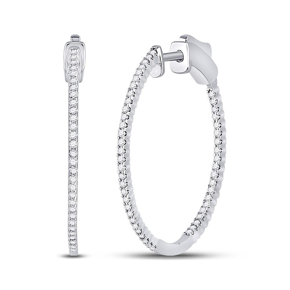 14kt White Gold Womens Round Diamond Inside-Outside Hoop Earrings 1/2 Cttw