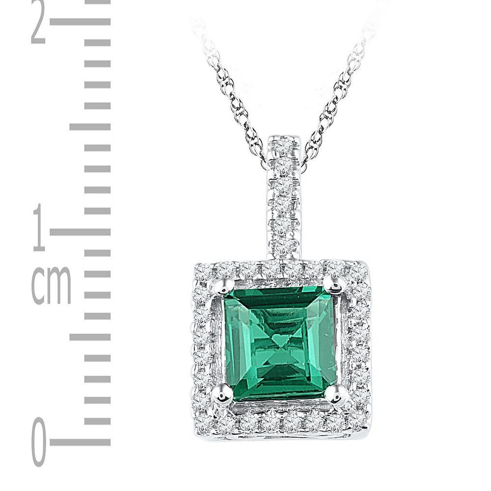 10kt White Gold Womens Cushion Synthetic Emerald Solitaire & Diamond Pendant 1-3/8 Cttw