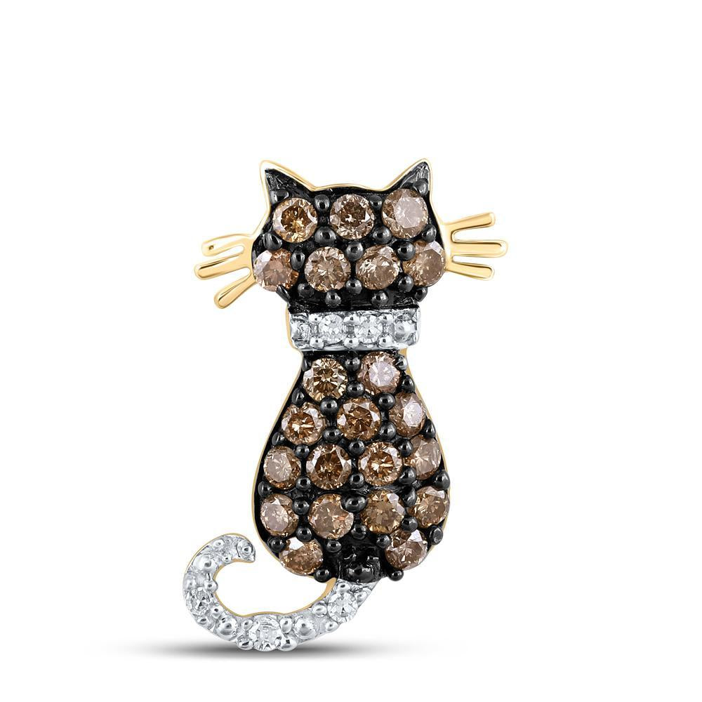 10k Yellow Gold Brown Diamond Kitty Cat Womens Pendant 1/3 Cttw