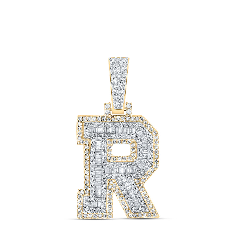 10kt Yellow Gold Mens Baguette Diamond R Initial Letter Charm Pendant 5/8 Cttw