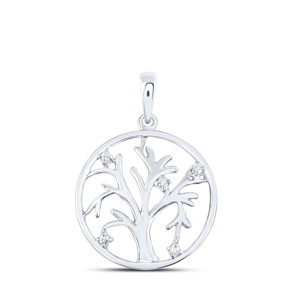 Sterling Silver Womens Round Diamond Tree of Life Circle Pendant .03 Cttw