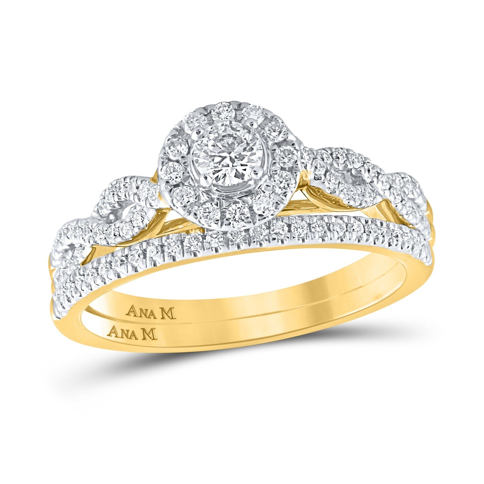 14kt Yellow Gold Round Diamond Halo Bridal Wedding Ring Band Set 1/2 Cttw