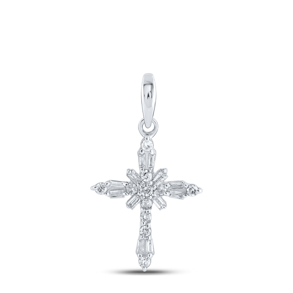 10kt White Gold Womens Baguette Diamond Cross Pendant 1/6 Cttw