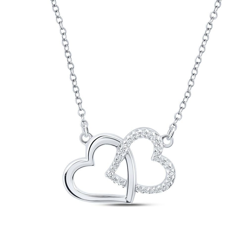 Sterling Silver Womens Round Diamond 18-inch Double Heart Necklace 1/20 Cttw