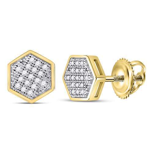 10kt Yellow Gold Mens Round Diamond Hexagon Earrings 1/10 Cttw