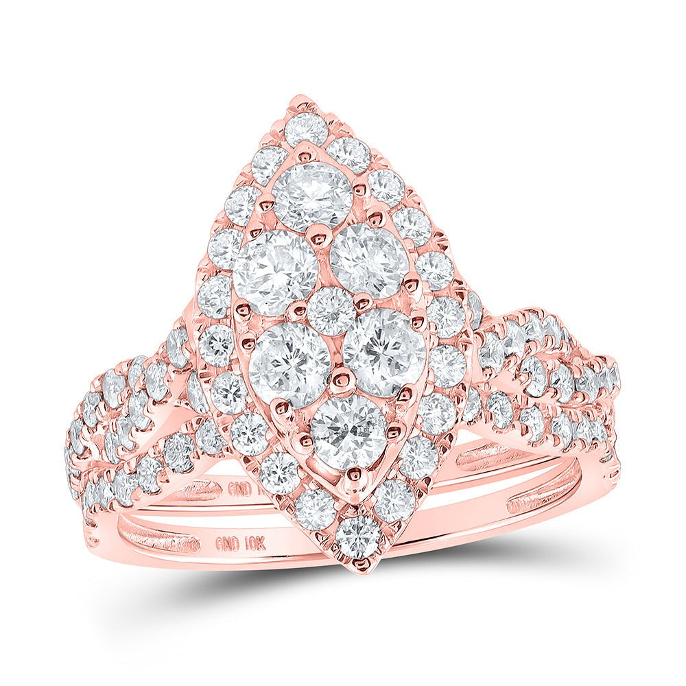 10kt Rose Gold Round Diamond Cluster Bridal Wedding Ring Band Set 1-1/2 Cttw