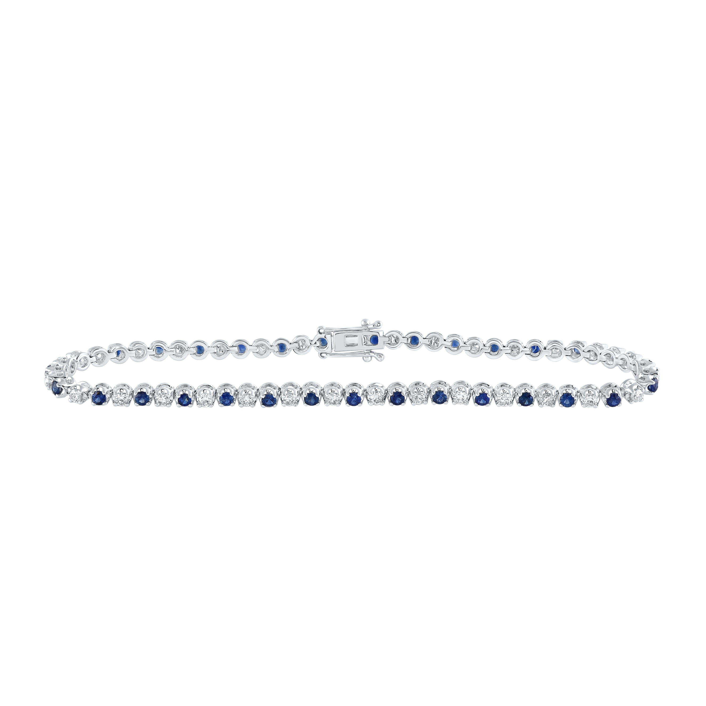 14kt White Gold Womens Round Bule Sapphire Diamond Tennis Bracelet 2-1/3 Cttw