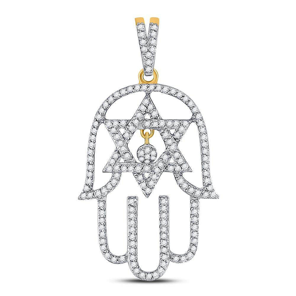 10kt Yellow Gold Mens Round Diamond Hamsa Star of David Charm Pendant 1/2 Cttw
