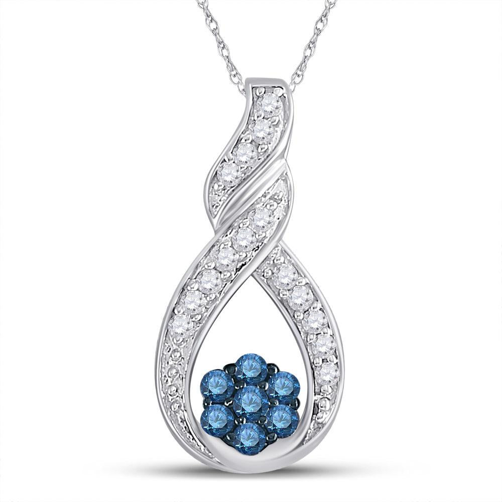 10kt White Gold Womens Round Blue Color Enhanced Diamond Cradled Cluster Pendant 1/4 Cttw