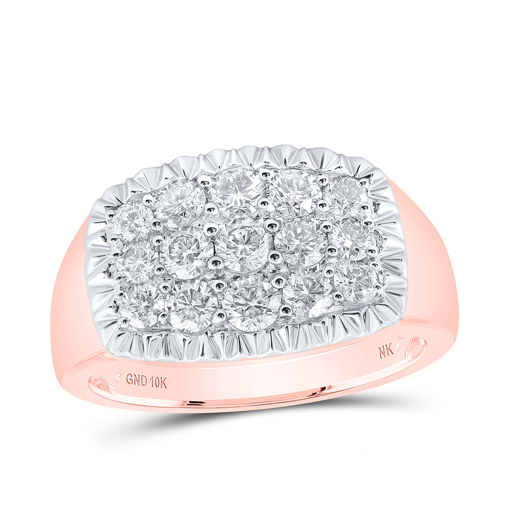 10kt Rose Gold Mens Round Diamond Fluted Cluster Ring 1-1/2 Cttw