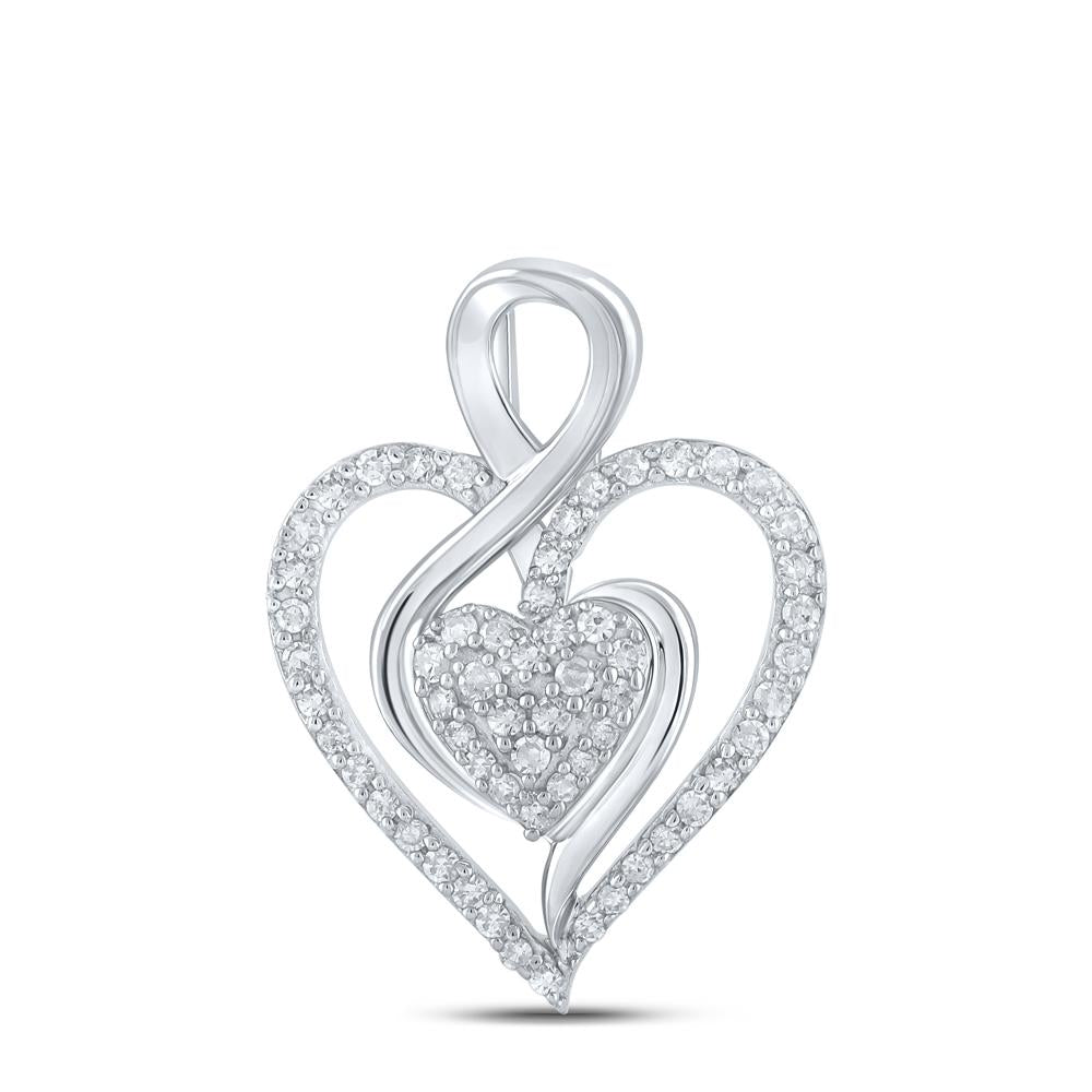 10kt White Gold Womens Round Diamond Heart Pendant 1/4 Cttw