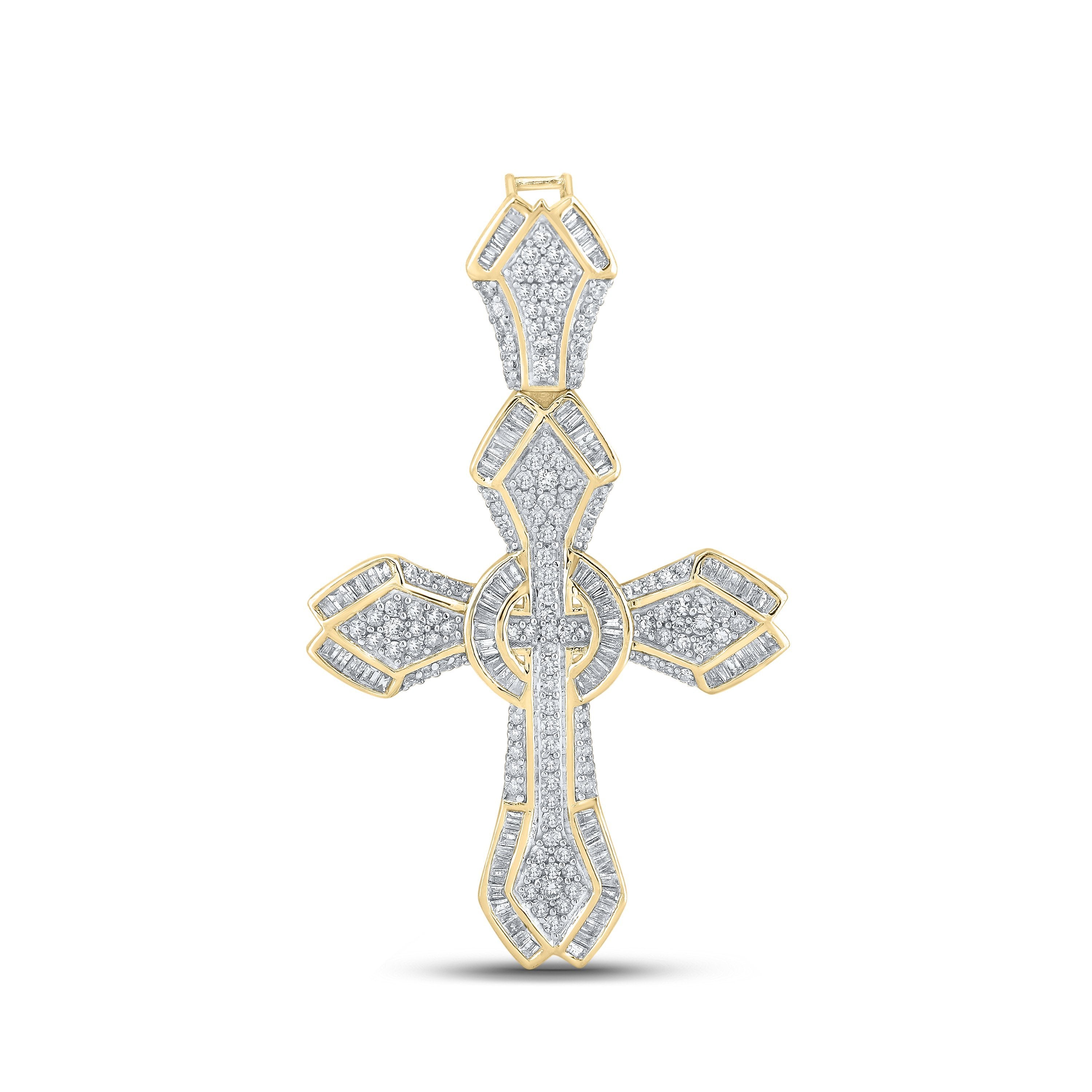 10kt Yellow Gold Mens Baguette Diamond Cross Charm Pendant 1-5/8 Cttw