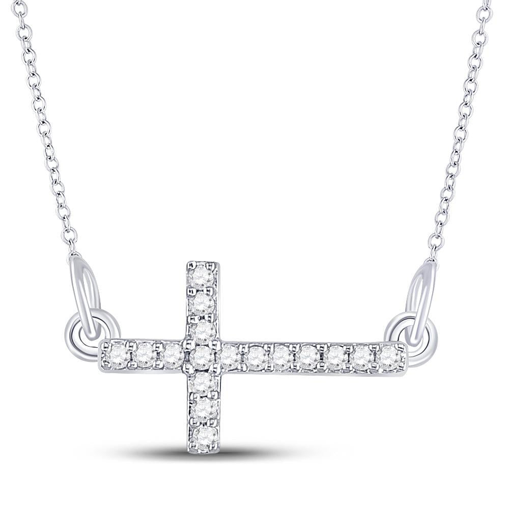 Sterling Silver Womens Round Diamond Horizontal Sideways Cross Necklace 1/10 Cttw