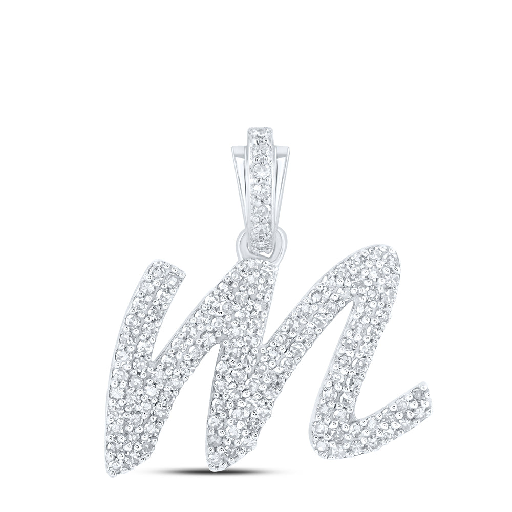 10kt White Gold Womens Round Diamond M Cursive Initial Letter Pendant 1/2 Cttw