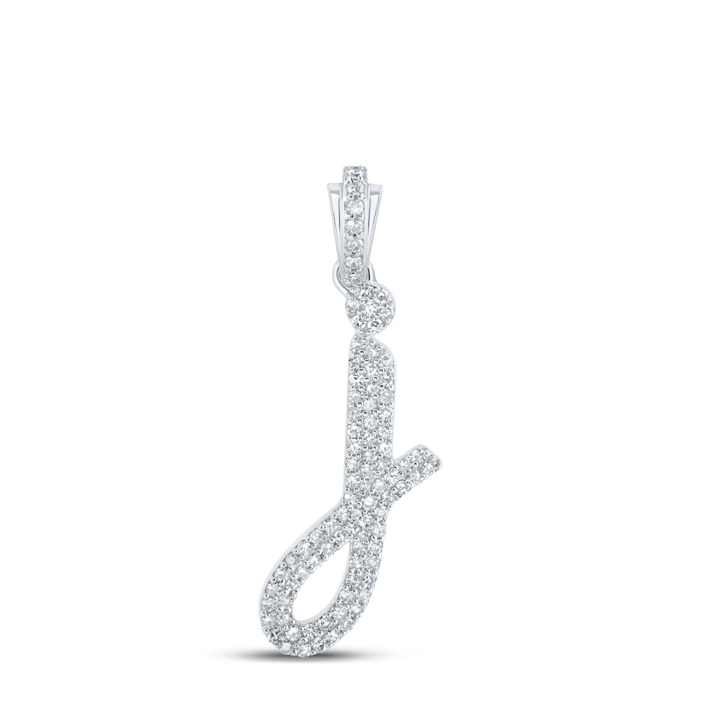 10kt White Gold Womens Round Diamond J Cursive Initial Letter Pendant 3/8 Cttw