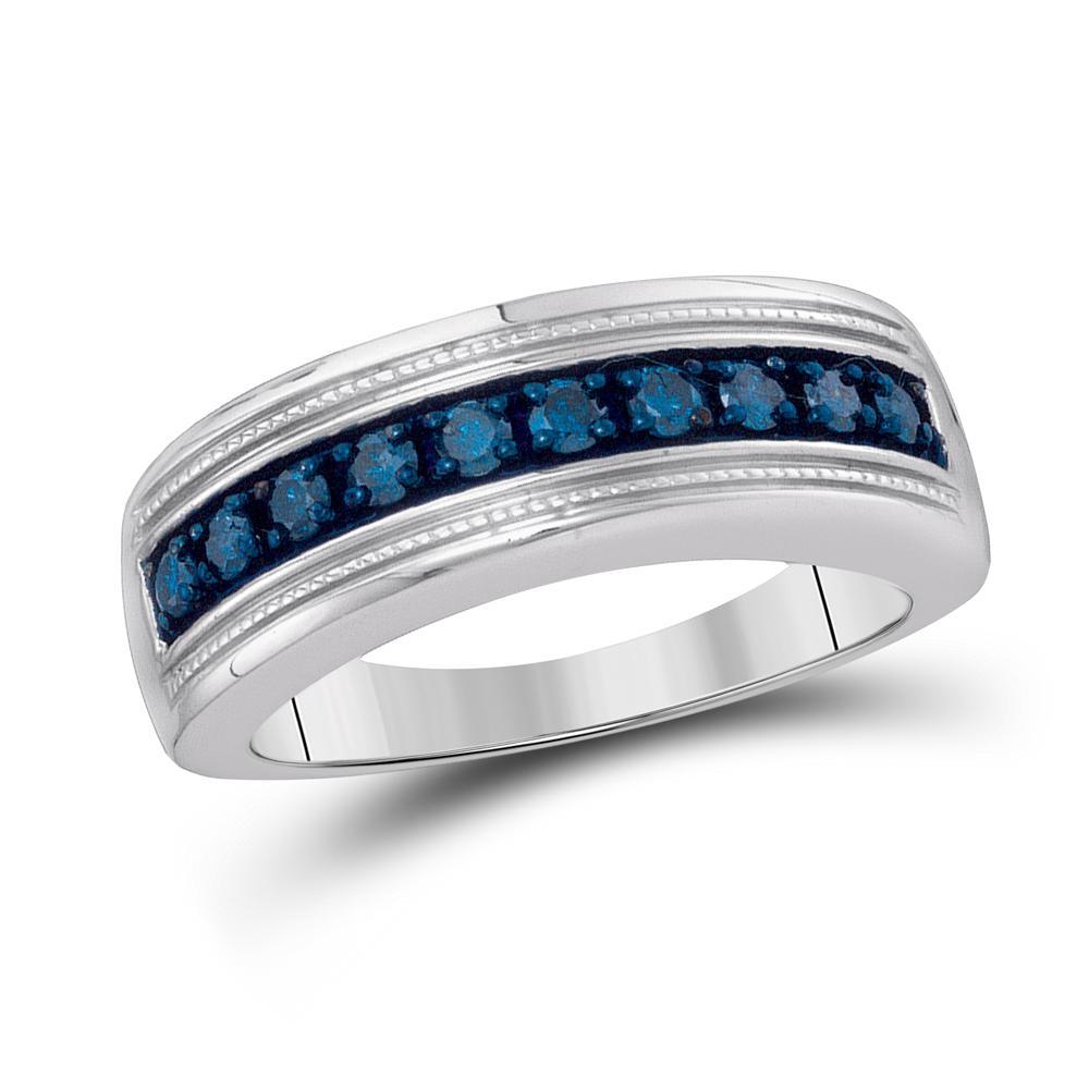 Sterling Silver Mens Round Blue Color Enhanced Diamond Wedding Anniversary Band 1/2 Cttw