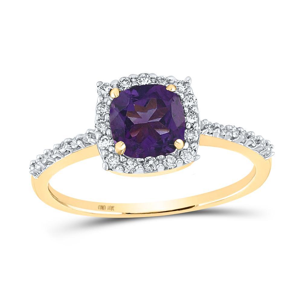 10kt Yellow Gold Womens Cushion Lab-Created Amethyst Diamond Solitaire Ring 1 Cttw