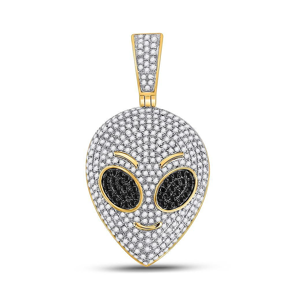 10kt Yellow Gold Mens Round Black Color Enhanced Diamond Alien Charm Pendant 1 Cttw