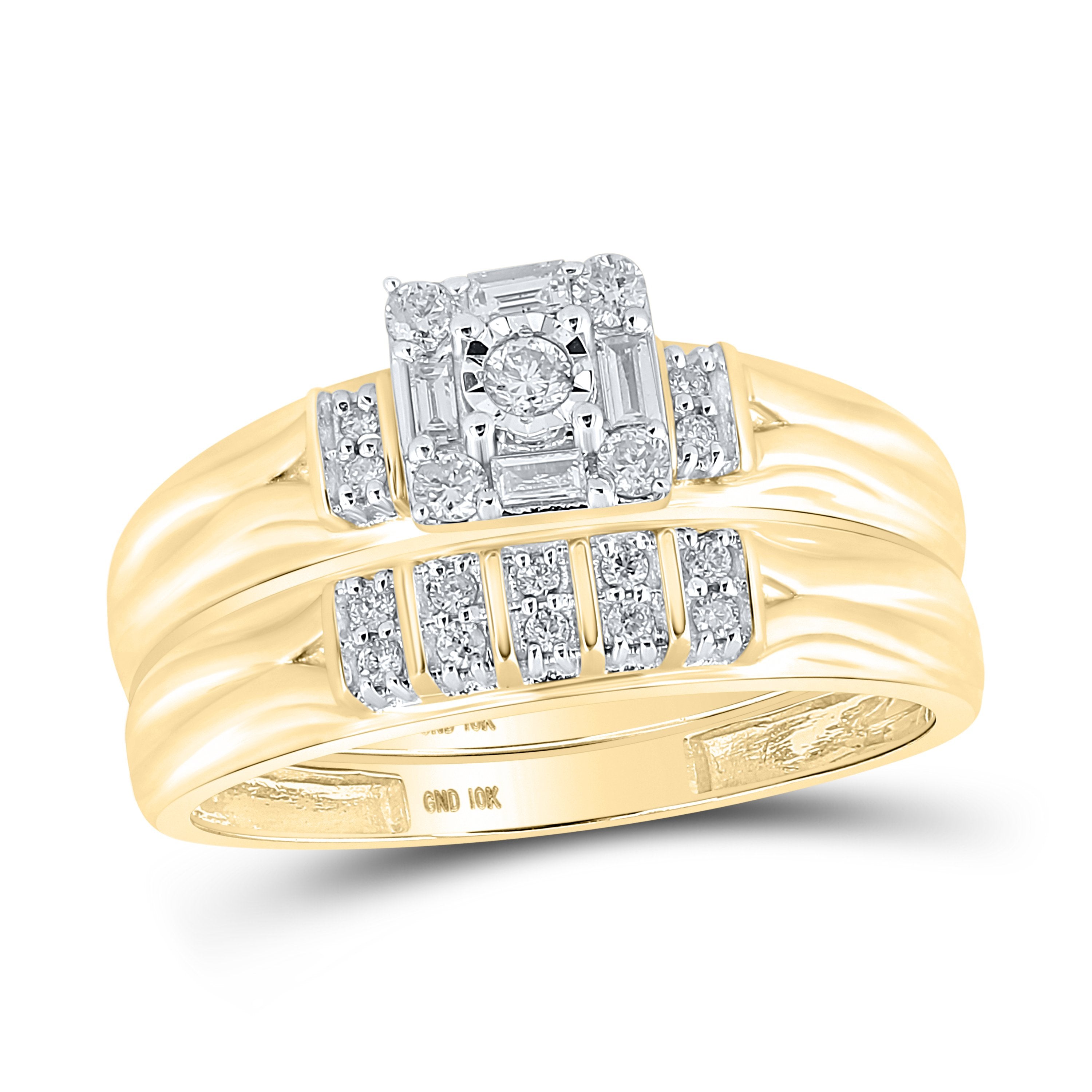10kt Yellow Gold His Hers Round Diamond Square Matching Wedding Set 1/3 Cttw