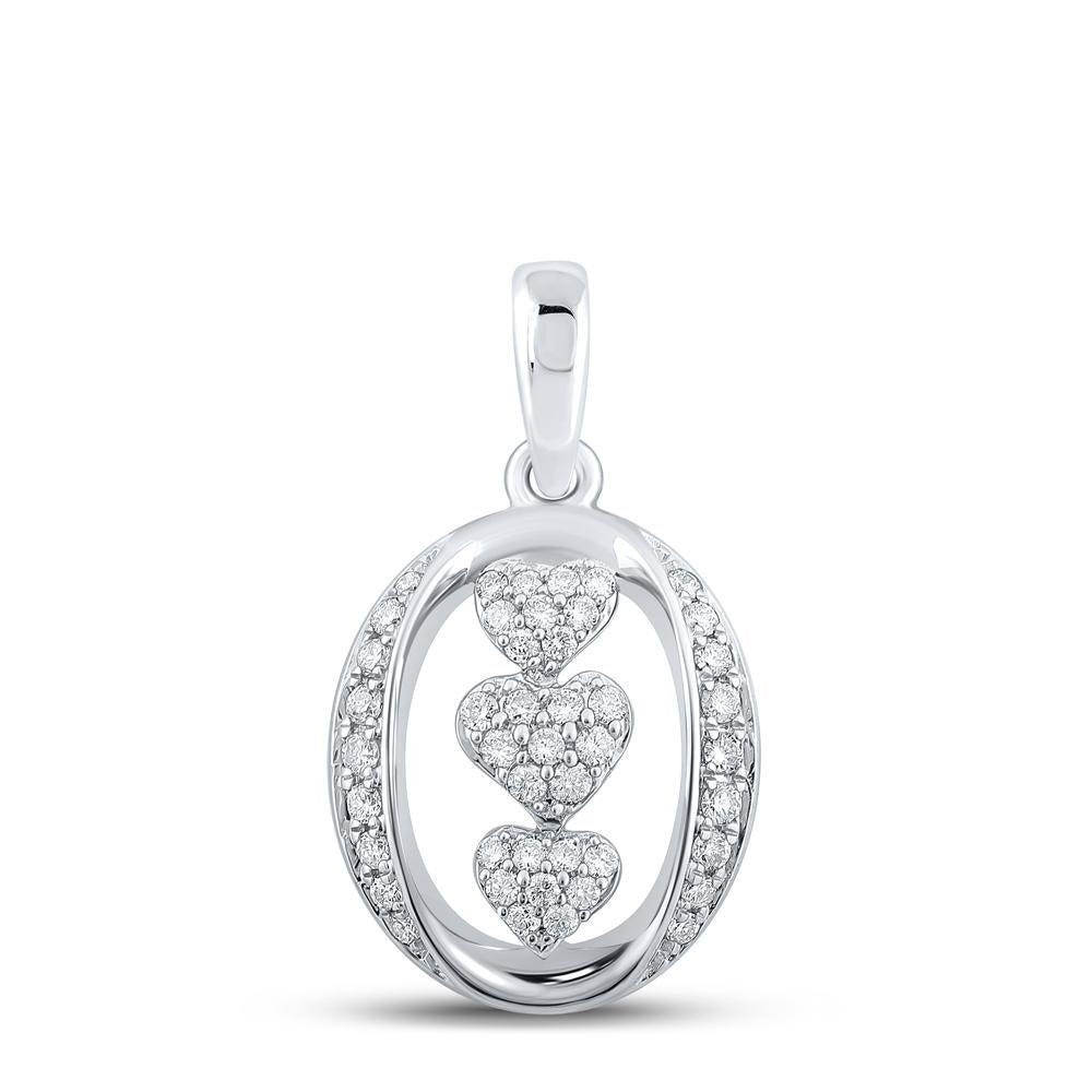 10kt White Gold Womens Round Diamond Triple Heart Pendant 1/4 Cttw