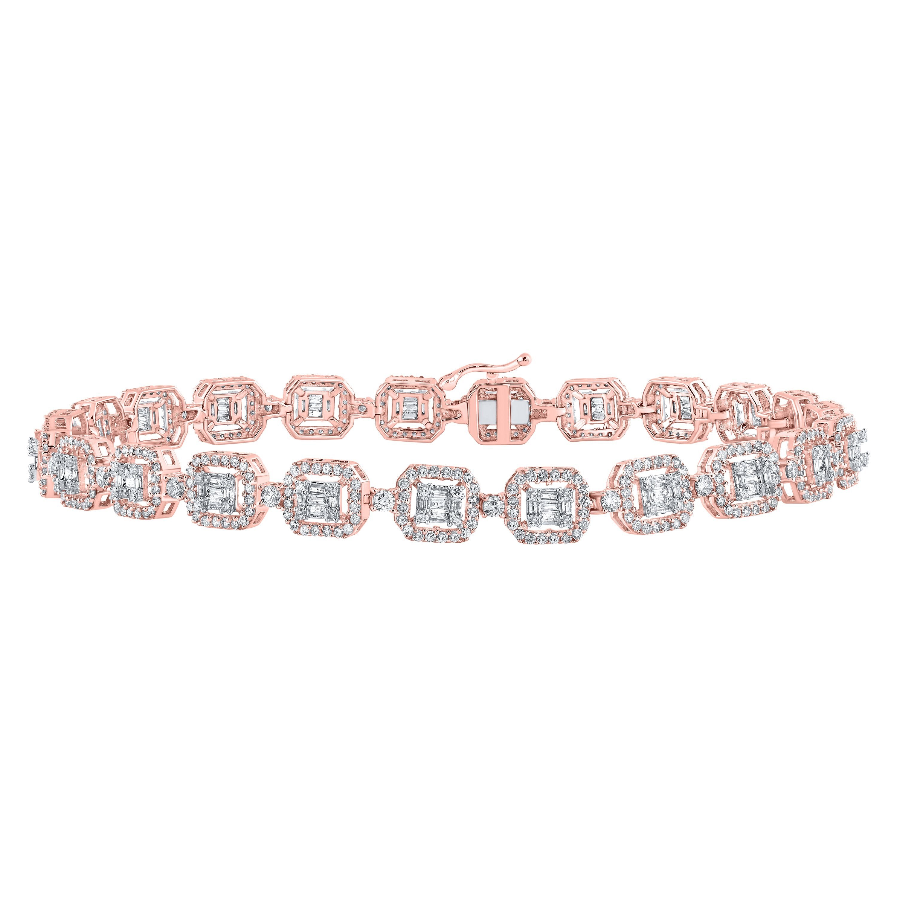 14kt Rose Gold Mens Round Diamond Geometric Link Bracelet 4 Cttw