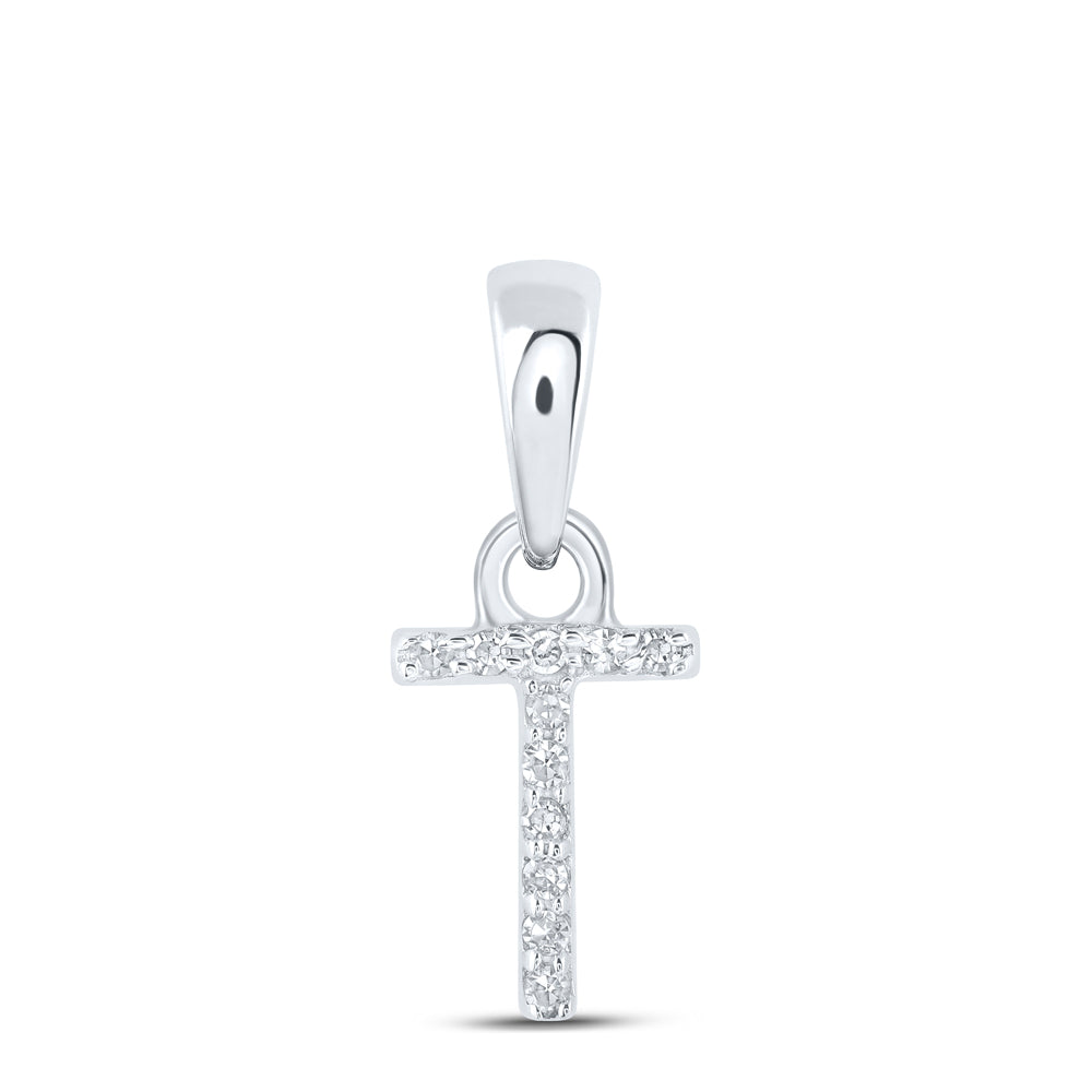 10kt White Gold Womens Round Diamond T Initial Letter Pendant .02 Cttw