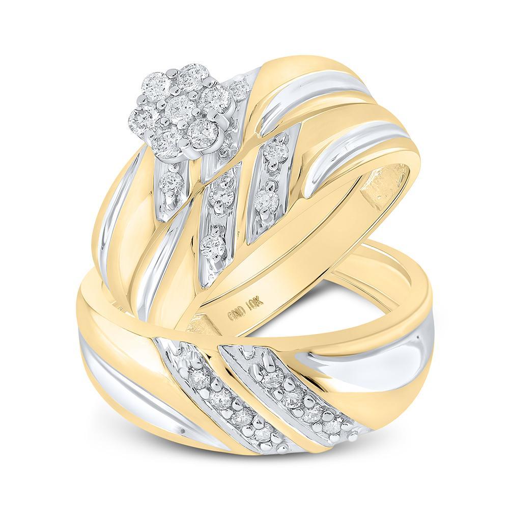 10kt Yellow Gold His Hers Round Diamond Cluster Matching Wedding Set 3/8 Cttw