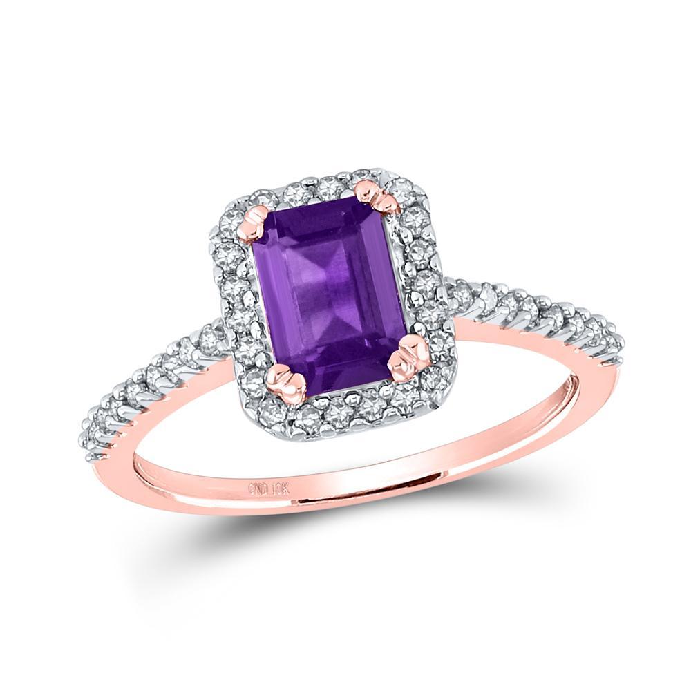 10kt Rose Gold Womens Emerald Lab-Created Amethyst Solitaire Ring 1 Cttw
