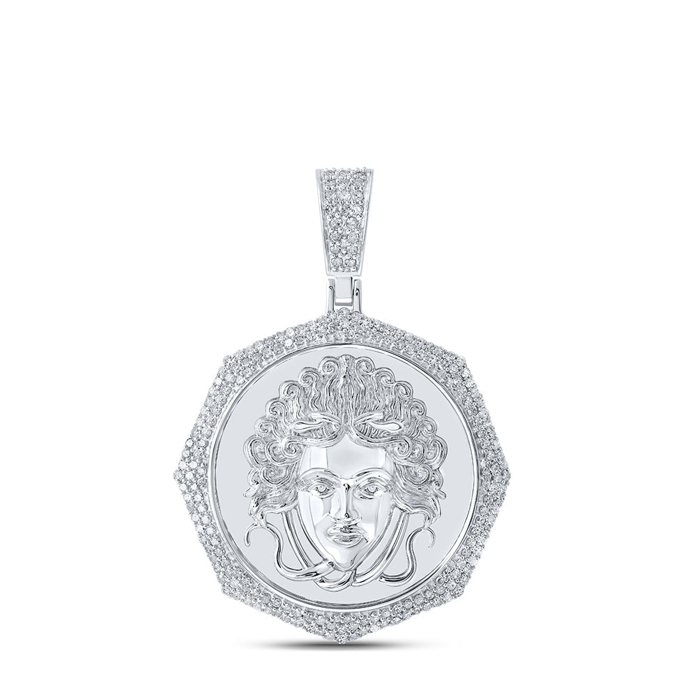 Sterling Silver Mens Round Diamond Medusa Charm Pendant 1-1/4 Cttw