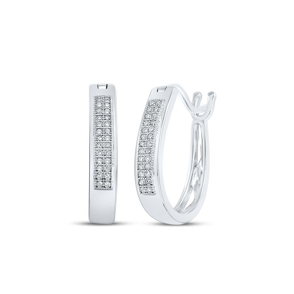 Sterling Silver Womens Round Diamond Oblong Double Row Hoop Earrings 1/6 Cttw