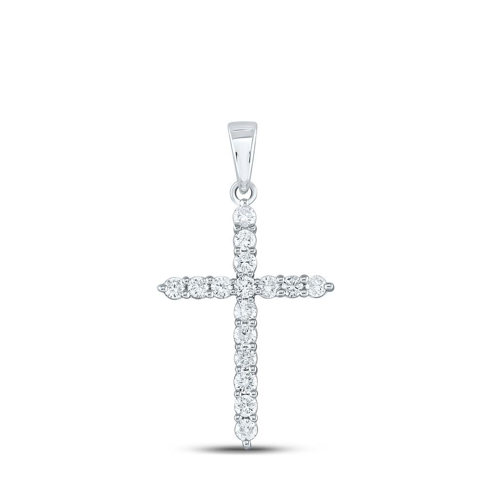 10kt White Gold Womens Round Diamond Cross Pendant 1/2 Cttw