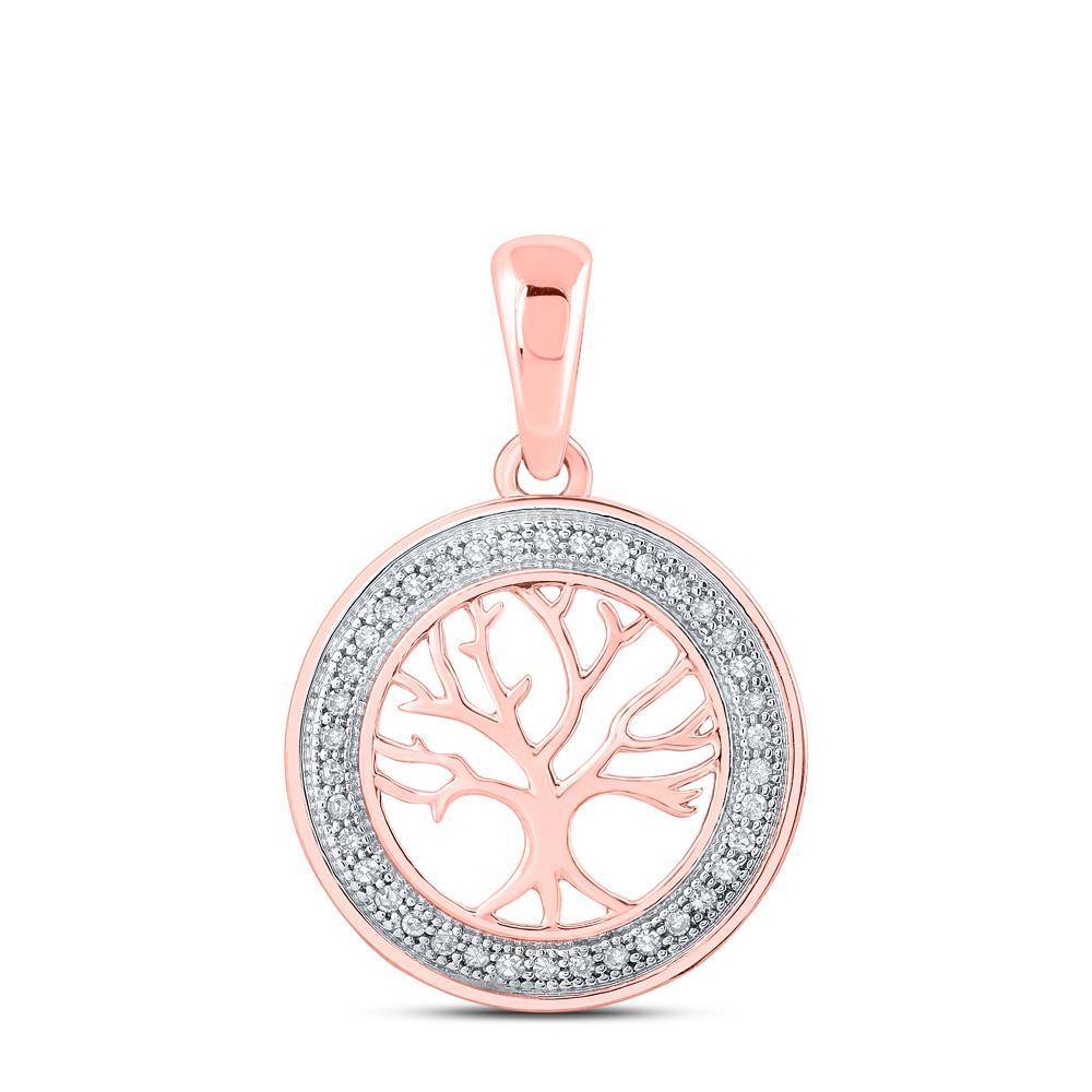 10kt Rose Gold Womens Round Diamond Tree of Life Circle Pendant 1/10 Cttw