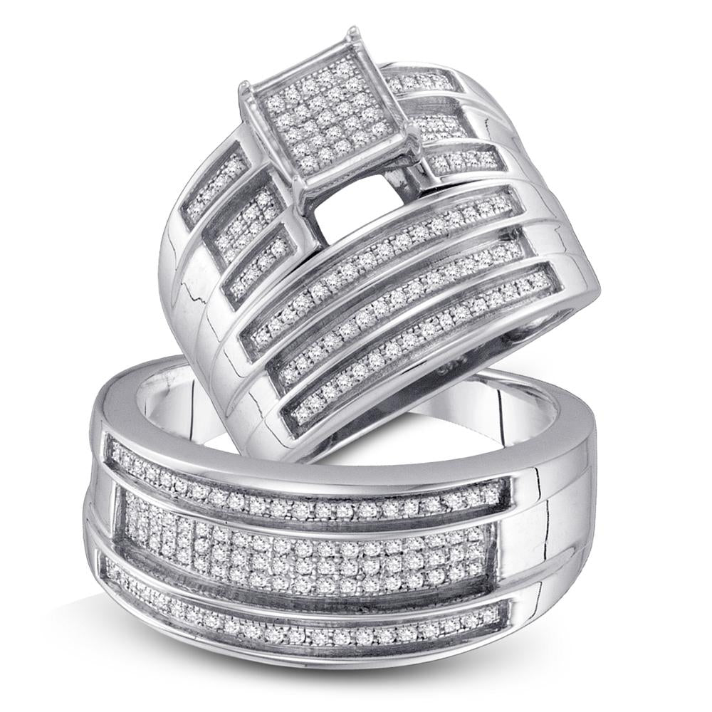 Sterling Silver His Hers Round Diamond Cluster Matching Wedding Set 1/2 Cttw