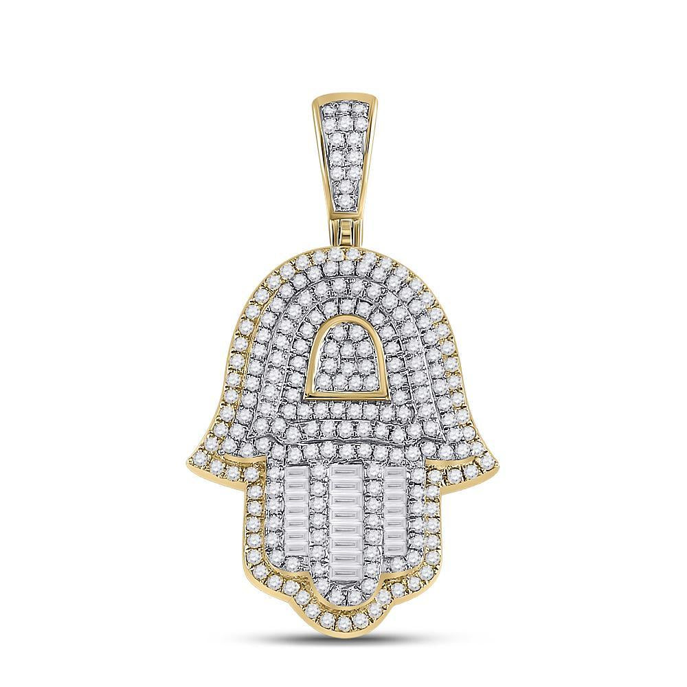 10kt Yellow Gold Mens Baguette Diamond Hamsa Hand Charm Pendant 1-1/3 Cttw