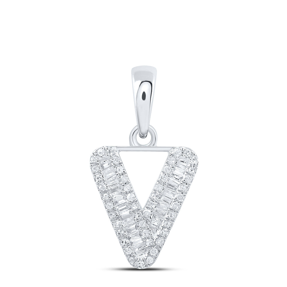10kt White Gold Womens Baguette Diamond V Initial Letter Pendant 1/4 Cttw