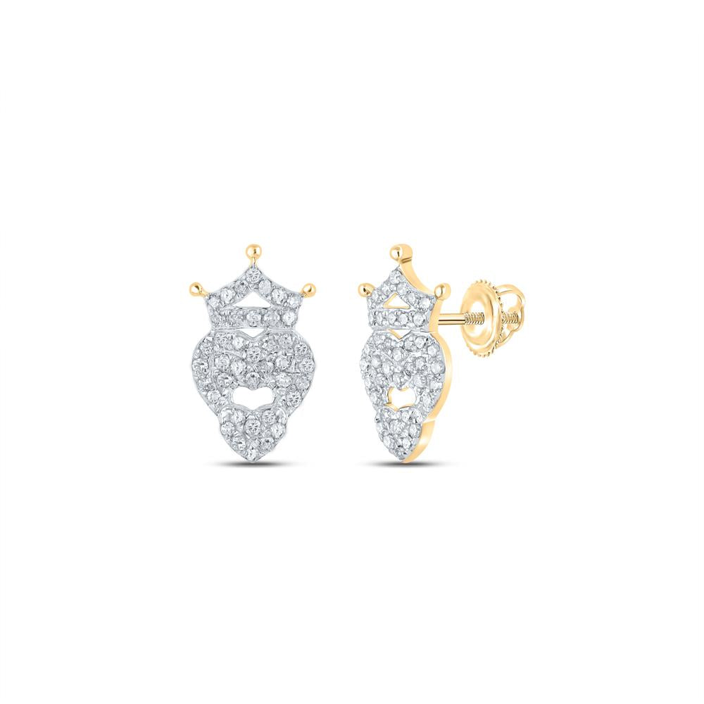 10kt Yellow Gold Womens Round Diamond Crown Heart Earrings 1/5 Cttw