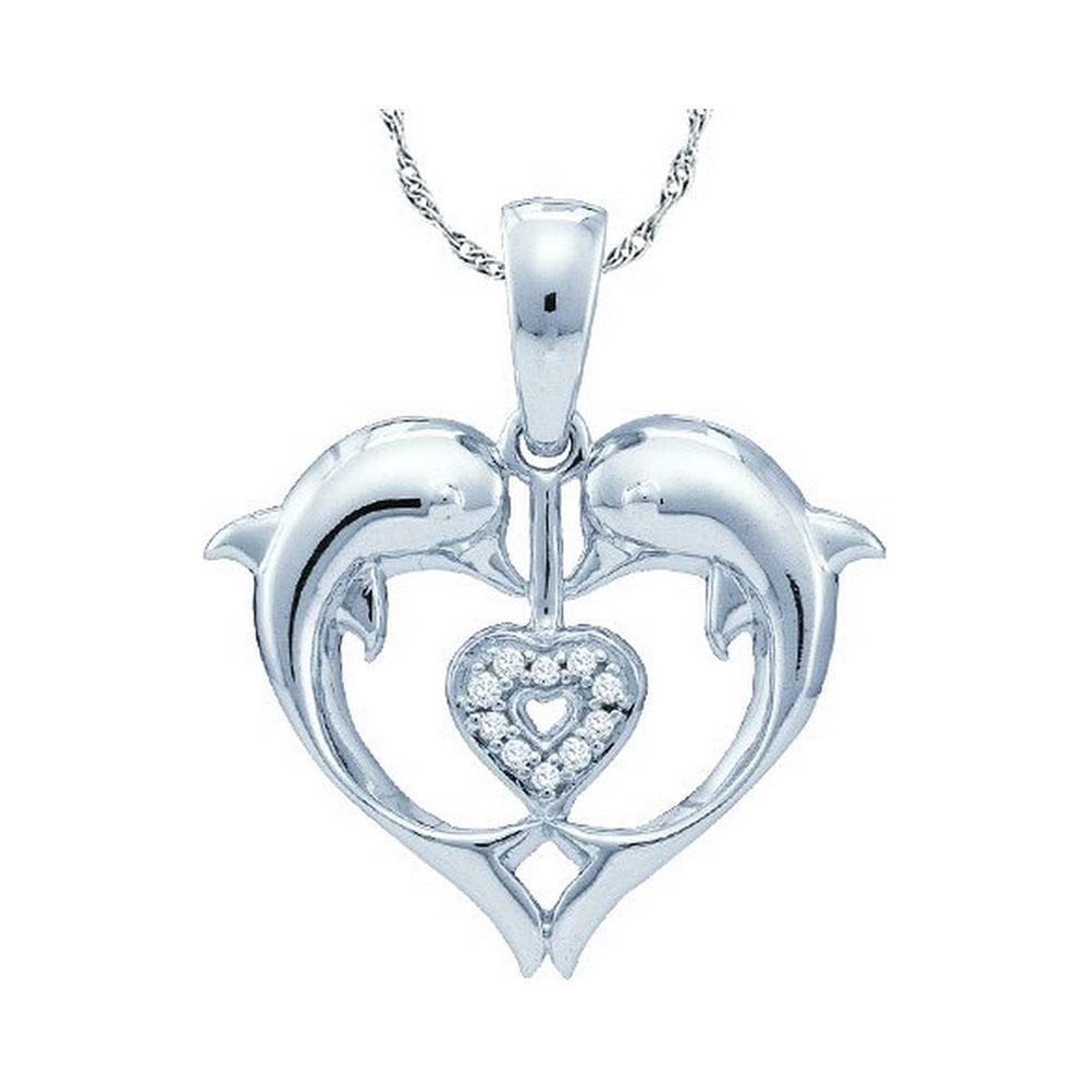 10kt White Gold Womens Round Diamond Double Dolphin Heart Pendant .03 Cttw