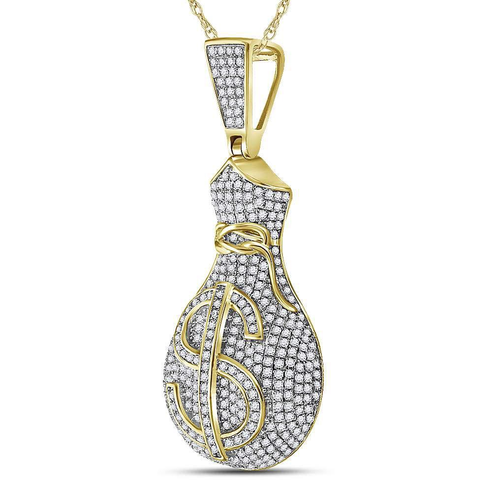 10kt Yellow Gold Mens Round Diamond Money Bag Dollar Sign Charm Pendant 1 Cttw