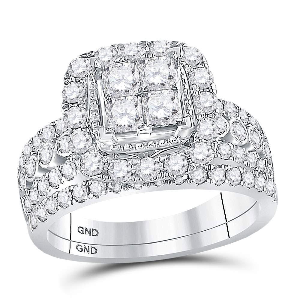 14kt White Gold Princess Diamond Bridal Wedding Ring Band Set 2 Cttw